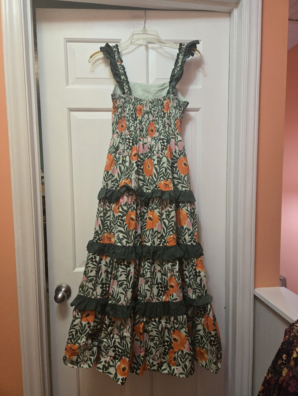 Ivy City Co Green Floral Tiered Midi Dress with Orange Blooms - Picture 3 of 3
